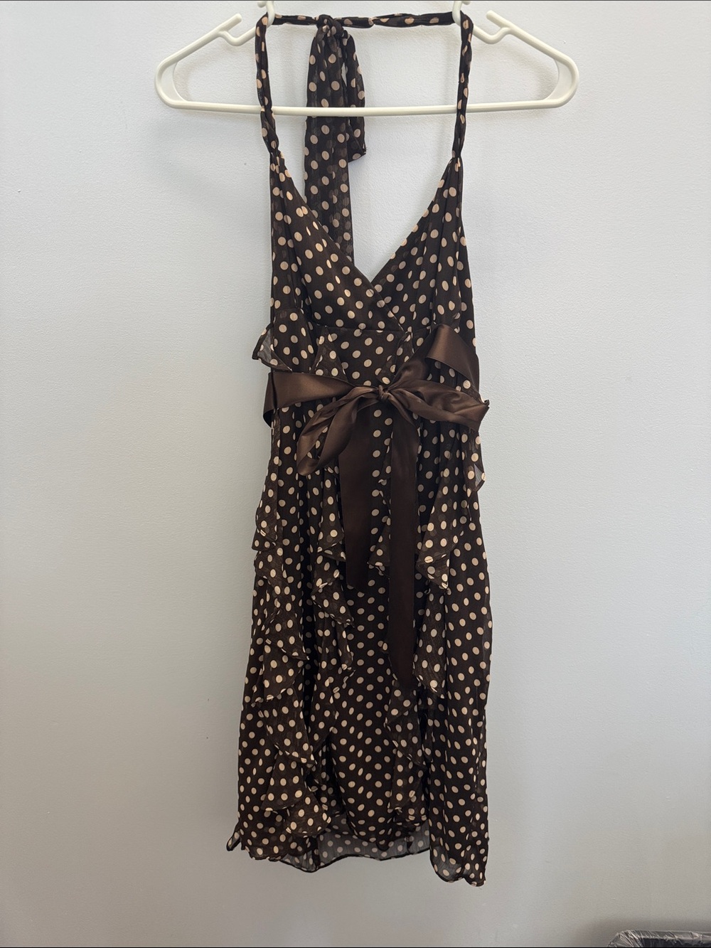 Eliza J Brown Polka Dot Halter Midi Dress with Satin Waist Tie